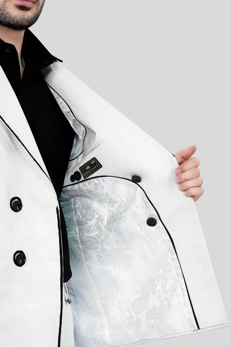 Bright White With Black Stretchable Hand Painted Luxurious Linen Designer Suit 9