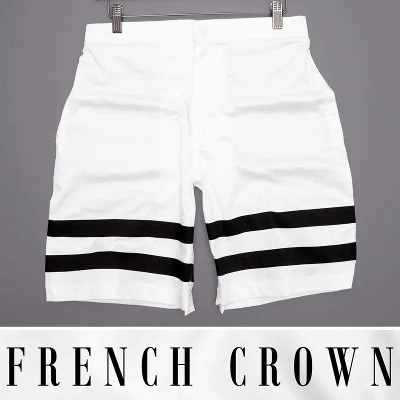 Bright White With Black Striped Designer Premium Cotton Shorts 1