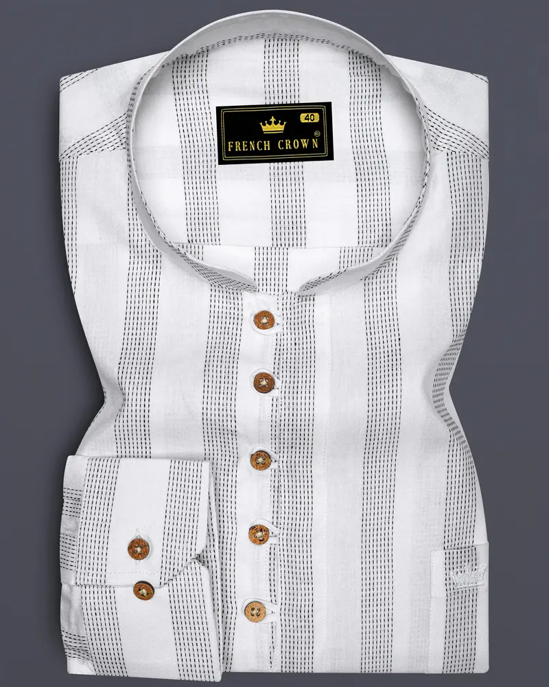Bright White With Black Striped Dobby Textured Premium Giza Cotton Kurta Shirt 1