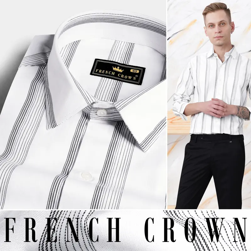Bright White With Black Stripes Twill Premium Cotton Shirt 4
