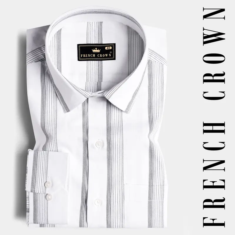 Bright White With Black Stripes Twill Premium Cotton Shirt 7