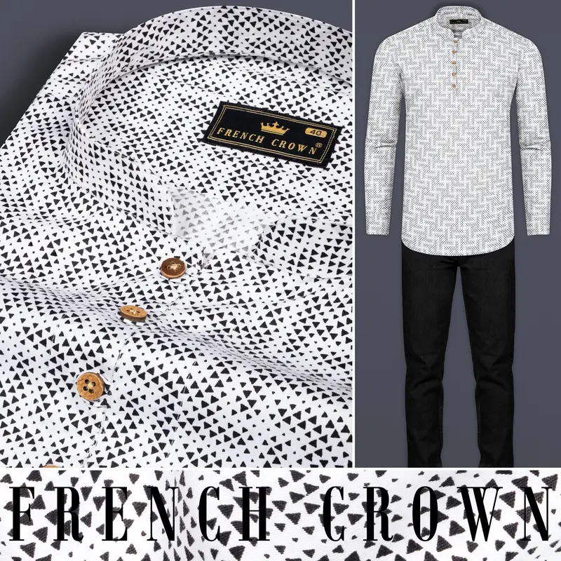Bright White With Black Triangles Printed Super Soft Premium Cotton Kurta Shirt 10