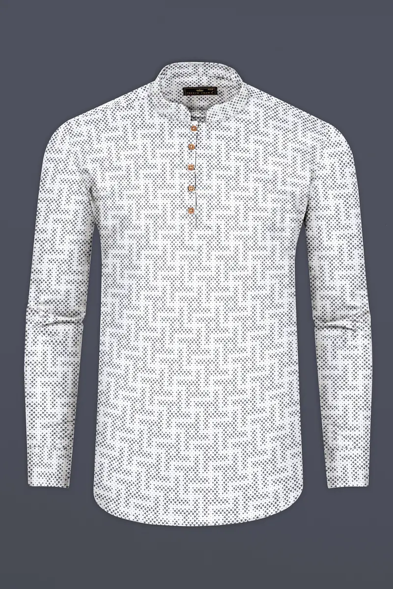 Bright White With Black Triangles Printed Super Soft Premium Cotton Kurta Shirt 5