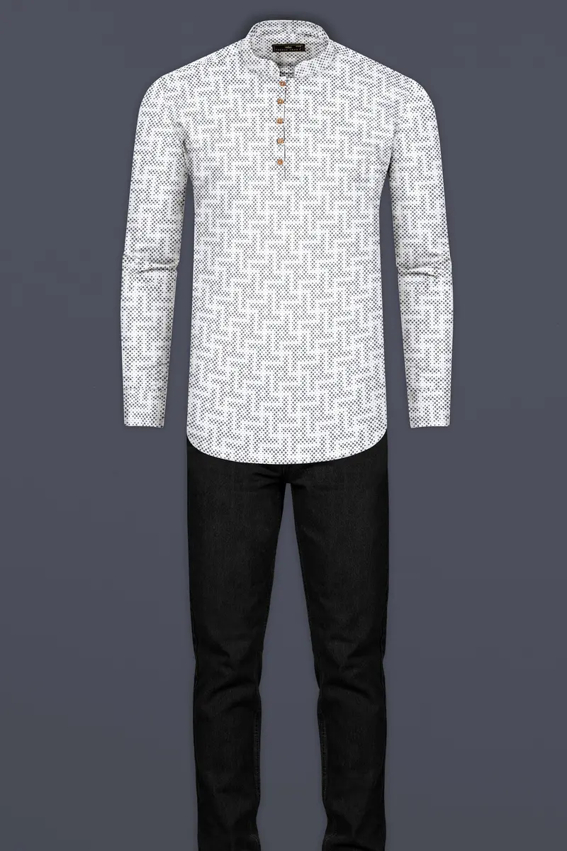 Bright White With Black Triangles Printed Super Soft Premium Cotton Kurta Shirt 7
