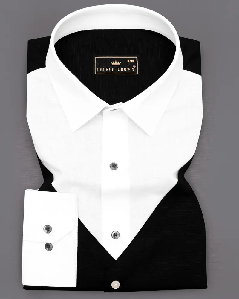 Bright White With Black Waistcoat Patterned Luxurious Linen Shirt 1
