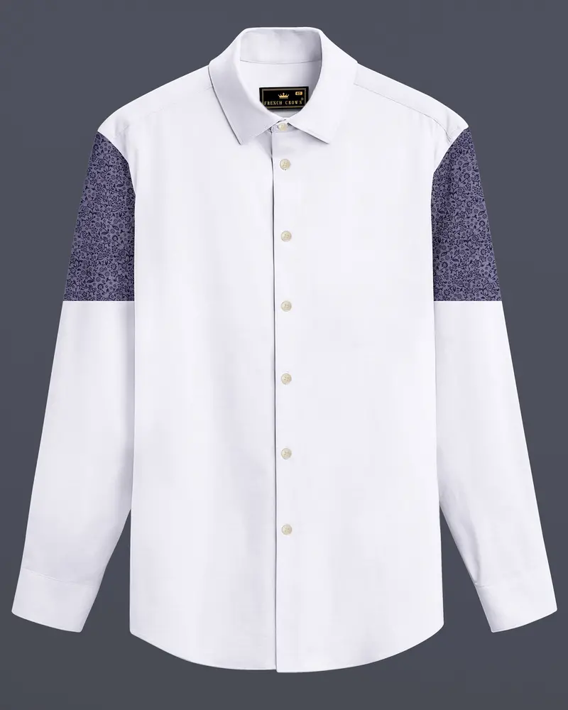 Bright White With Blue Patch Work Dobby Textured Giza Cotton Designer Shirt 1