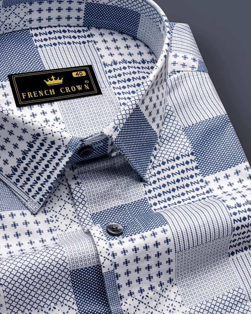 Bright White With Bluewood Blue Square Printed Super Soft Premium Cotton Shirts 1