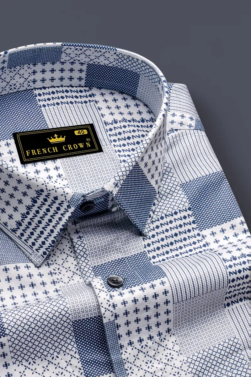 Bright White With Bluewood Blue Square Printed Super Soft Premium Cotton Shirts 2