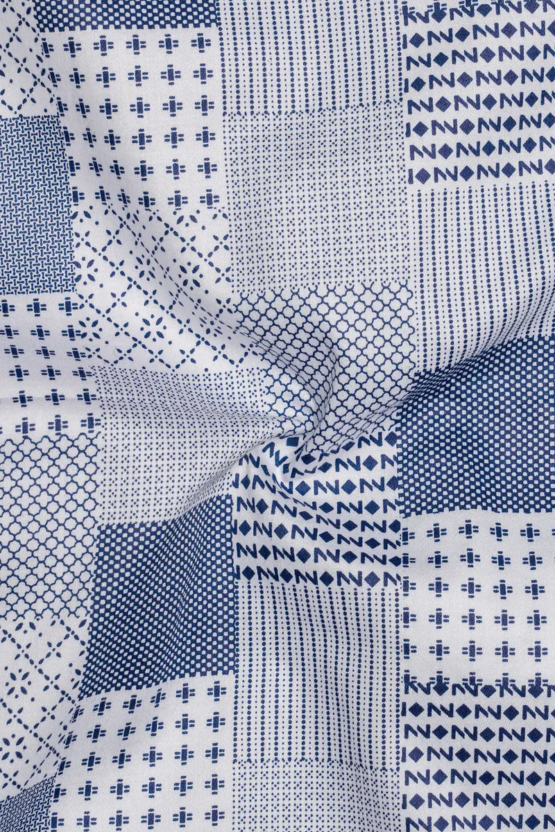 Bright White With Bluewood Blue Square Printed Super Soft Premium Cotton Shirts 3