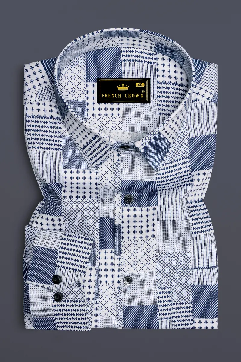 Bright White With Bluewood Blue Square Printed Super Soft Premium Cotton Shirts 4