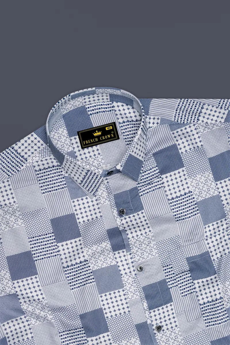 Bright White With Bluewood Blue Square Printed Super Soft Premium Cotton Shirts 5