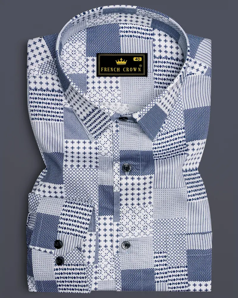 Bright White With Bluewood Blue Square Printed Super Soft Premium Cotton Shirts 6
