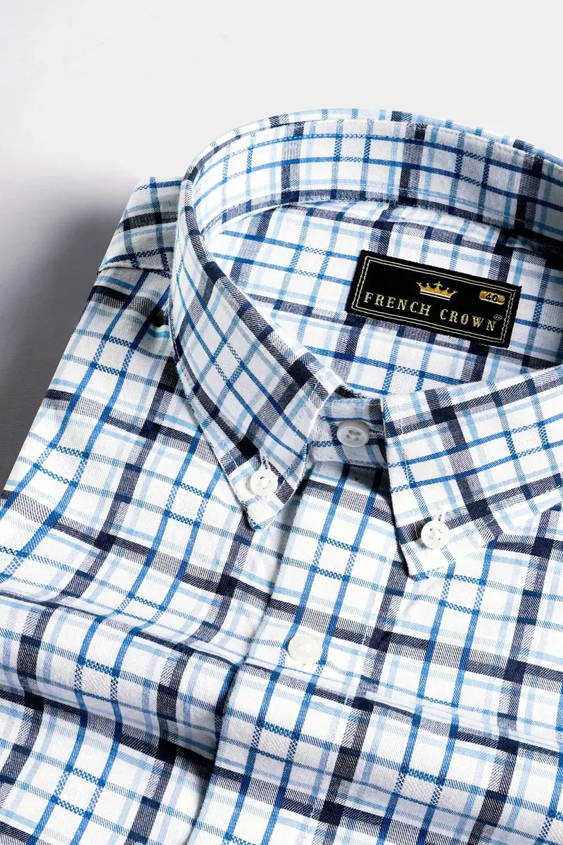 Bright White With Boston Blue And Haiti Blue Checkered Dobby Textured Premium Giza Cotton Shirt 1