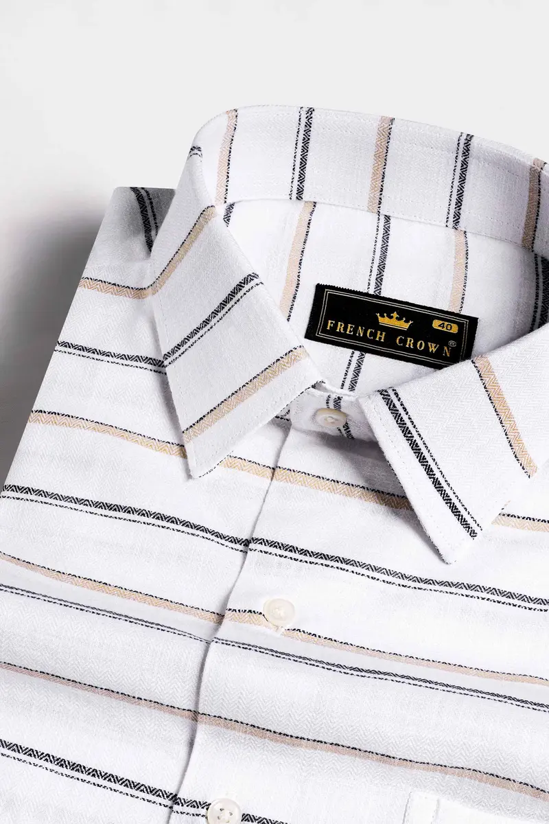 Bright White With Brandy Brown And Black Striped Dobby Textured Premium Giza Cotton Shirt 1