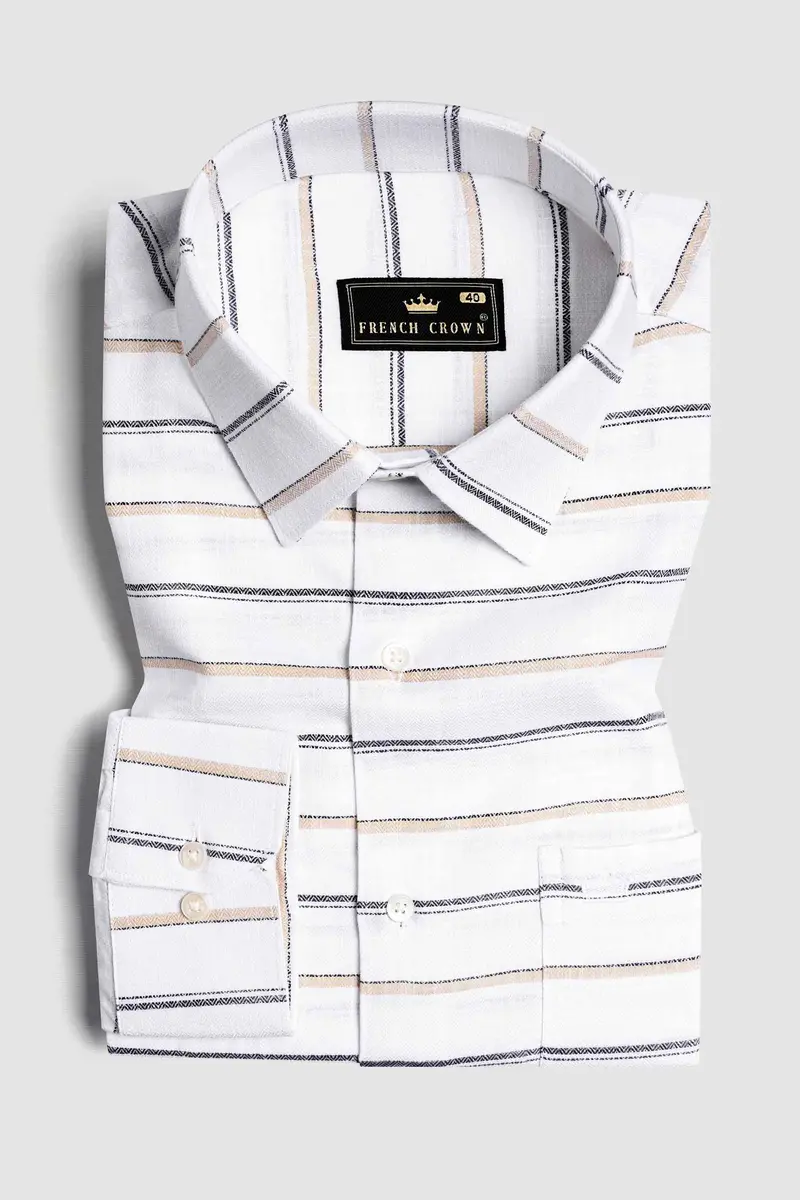 Bright White With Brandy Brown And Black Striped Dobby Textured Premium Giza Cotton Shirt 3