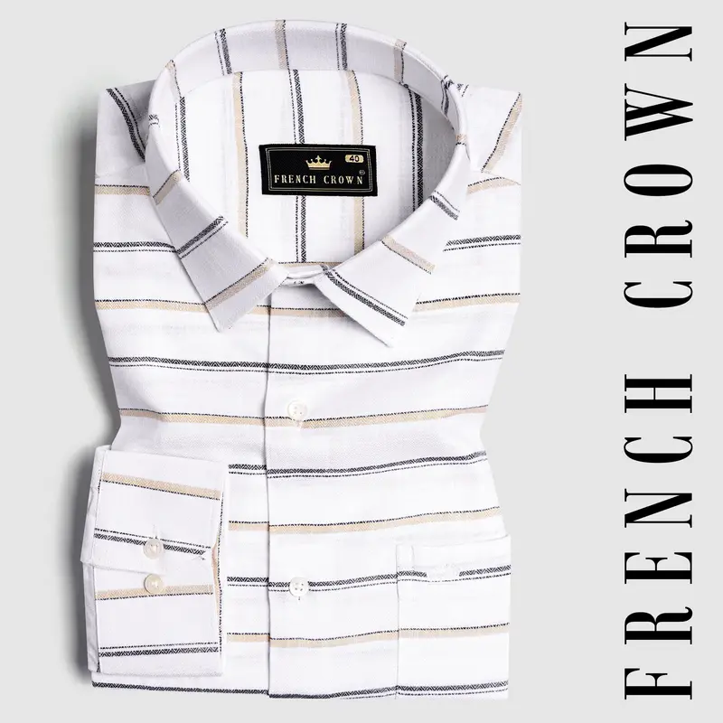 Bright White With Brandy Brown And Black Striped Dobby Textured Premium Giza Cotton Shirt 4
