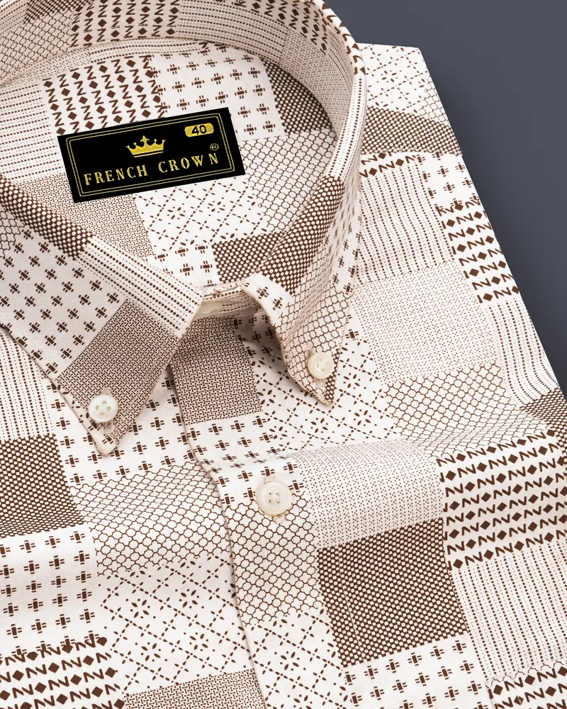 Bright White With Bronzetone Brown Square Printed Super Soft Premium Cotton Shirt 1