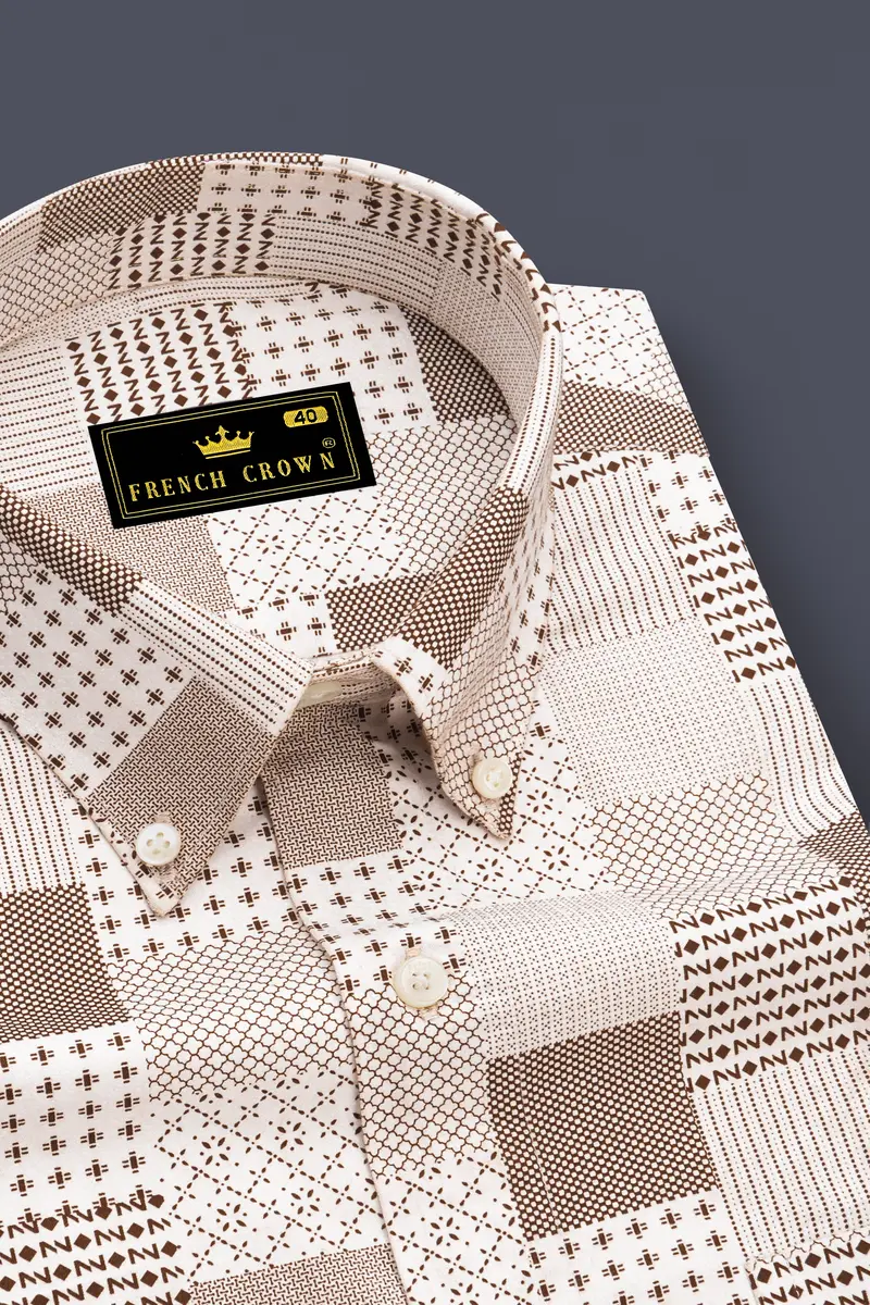 Bright White With Bronzetone Brown Square Printed Super Soft Premium Cotton Shirt 2
