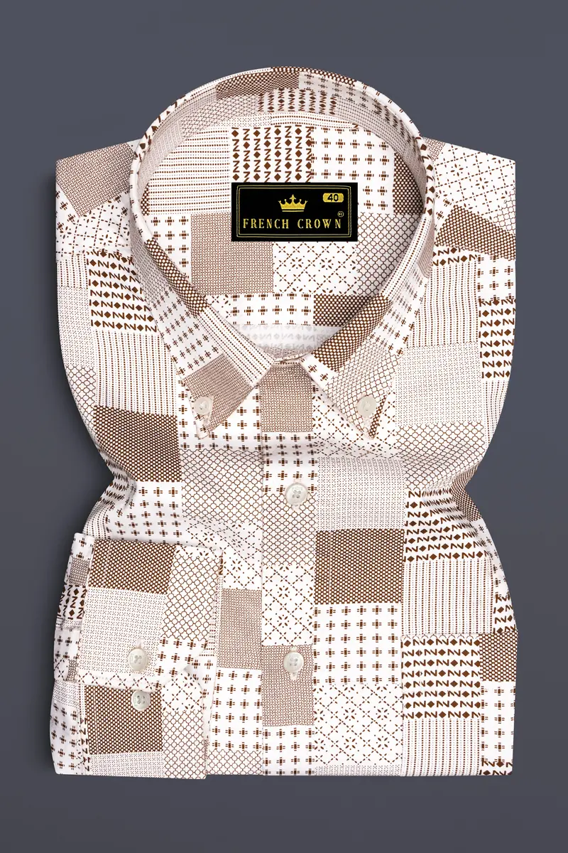 Bright White With Bronzetone Brown Square Printed Super Soft Premium Cotton Shirt 4