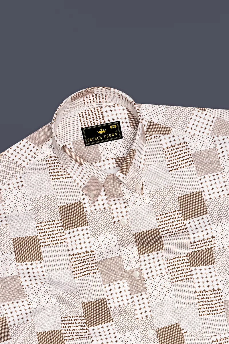 Bright White With Bronzetone Brown Square Printed Super Soft Premium Cotton Shirt 5
