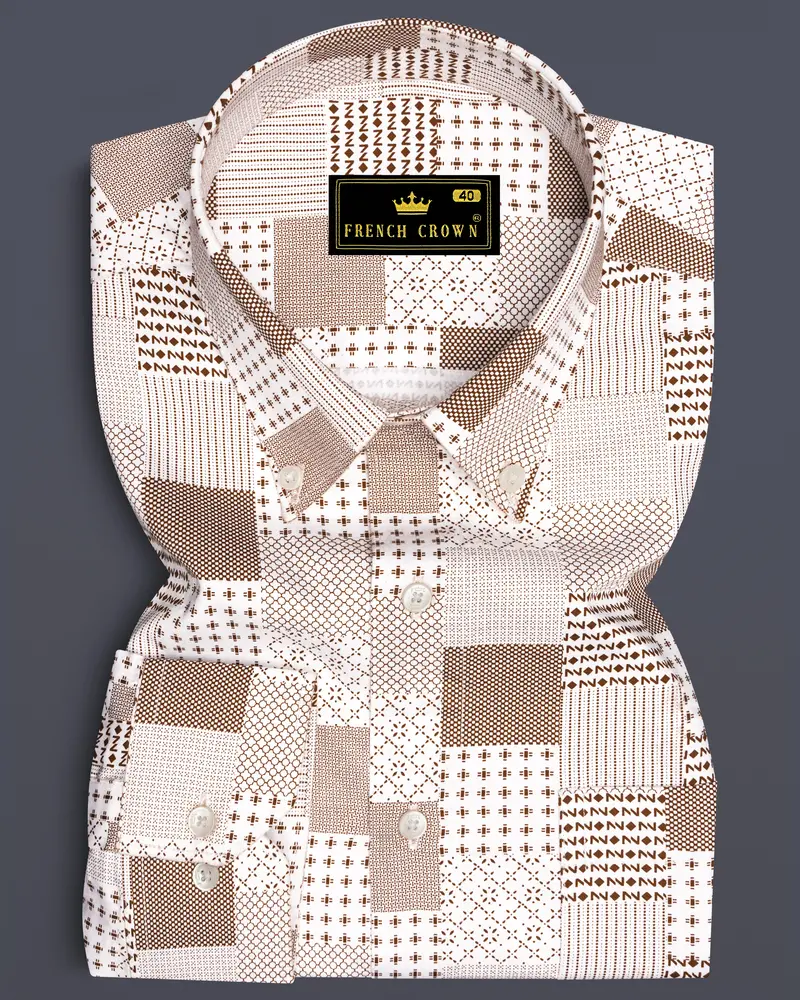 Bright White With Bronzetone Brown Square Printed Super Soft Premium Cotton Shirt 6