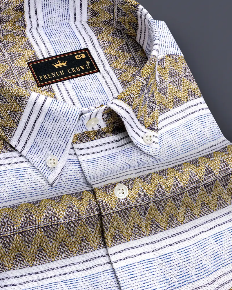 Bright White With Brown Dobby Textured Premium Cotton Overshirt/Shacket 1