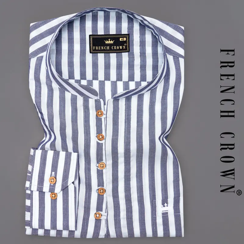 Bright White With Cadet Blue Striped Premium Cotton Kurta Shirt 1