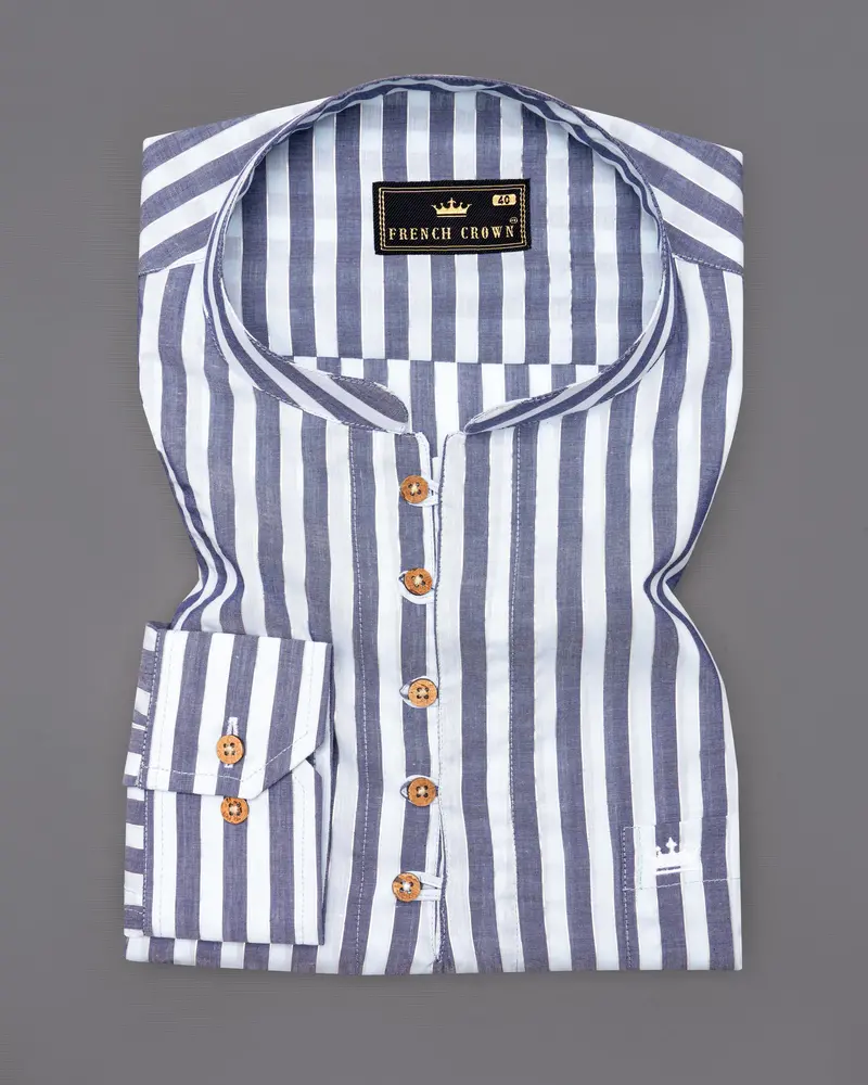 Bright White With Cadet Blue Striped Premium Cotton Kurta Shirt 2