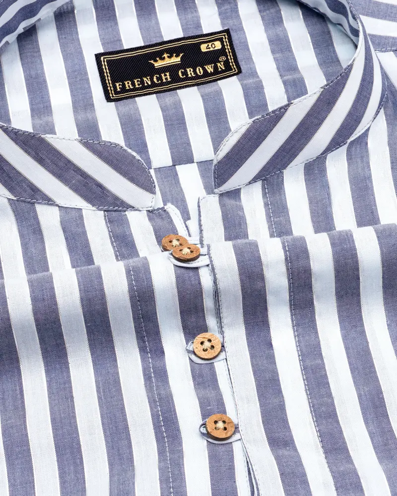 Bright White With Cadet Blue Striped Premium Cotton Kurta Shirt 4