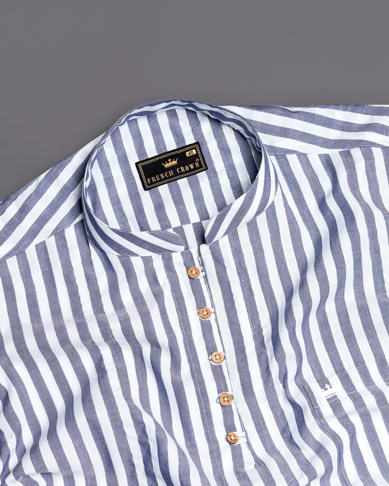 Bright White With Cadet Blue Striped Premium Cotton Kurta Shirt 5