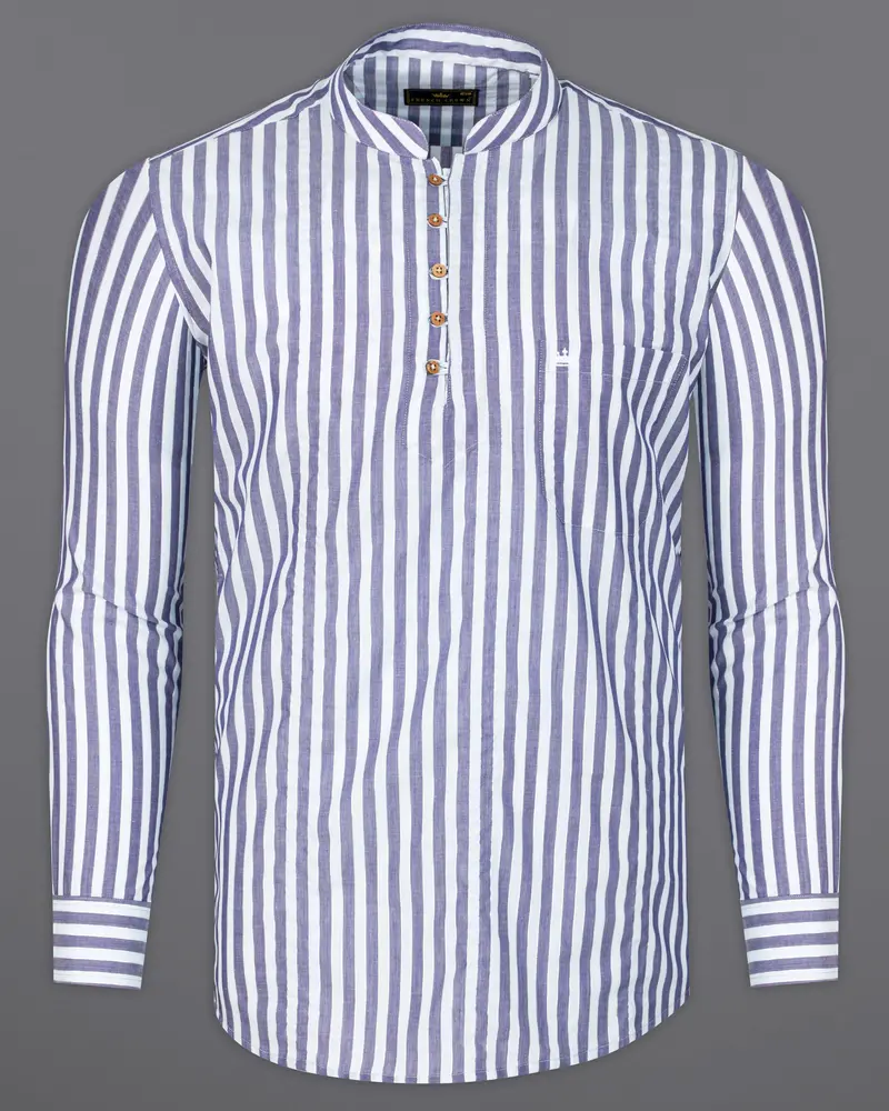 Bright White With Cadet Blue Striped Premium Cotton Kurta Shirt 6