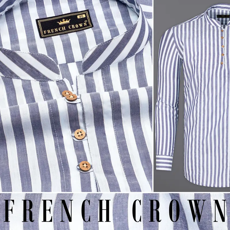 Bright White With Cadet Blue Striped Premium Cotton Kurta Shirt 8