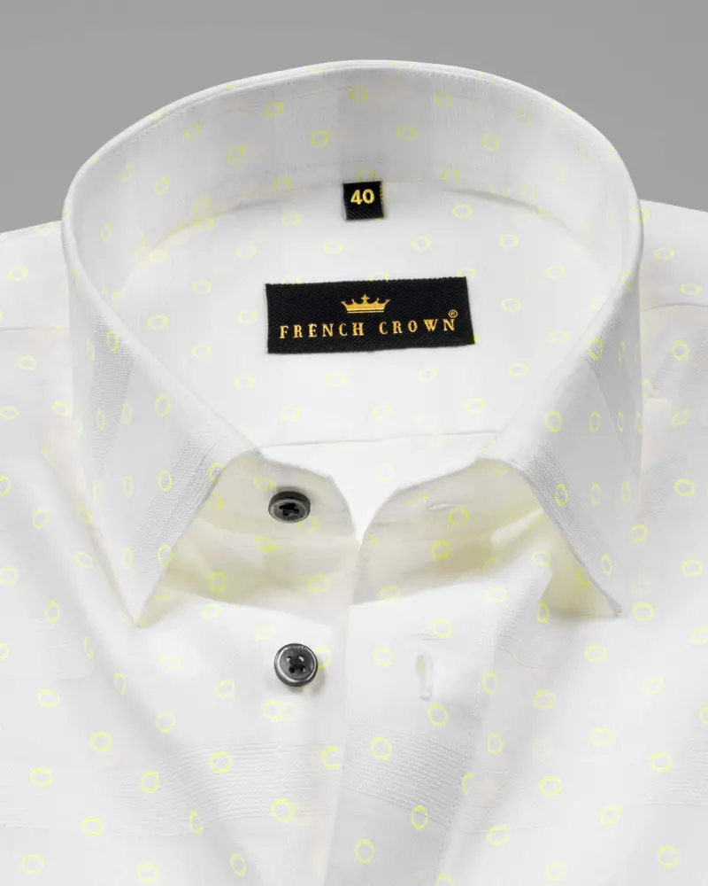 Bright White With Canary Circle Dobby Textured Premium Giza Cotton Shirt 1