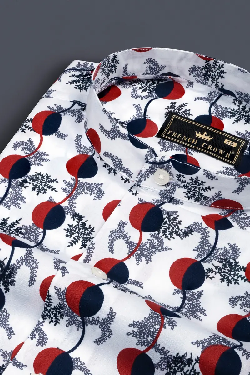 Bright White With Carmine Red And Midnight Blue Printed Poplin Giza Cotton Shirt 1