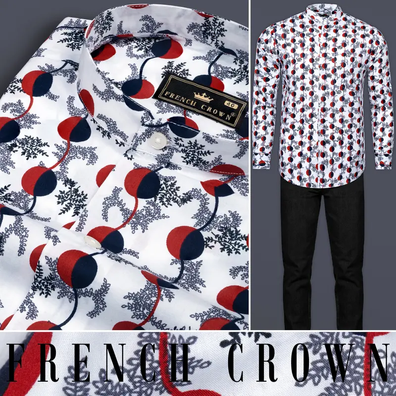 Bright White With Carmine Red And Midnight Blue Printed Poplin Giza Cotton Shirt 10