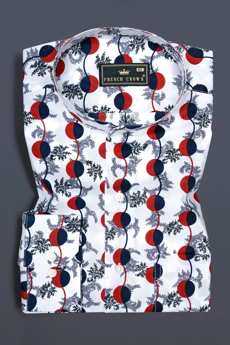 Bright White With Carmine Red And Midnight Blue Printed Poplin Giza Cotton Shirt 3
