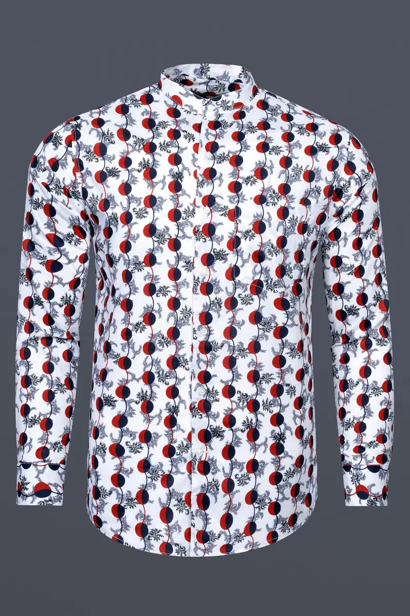 Bright White With Carmine Red And Midnight Blue Printed Poplin Giza Cotton Shirt 4