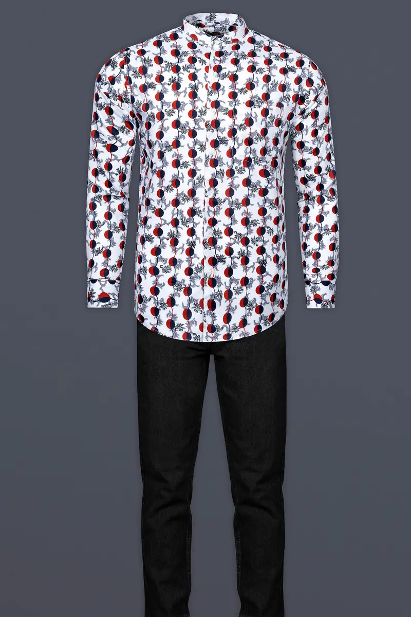 Bright White With Carmine Red And Midnight Blue Printed Poplin Giza Cotton Shirt 6