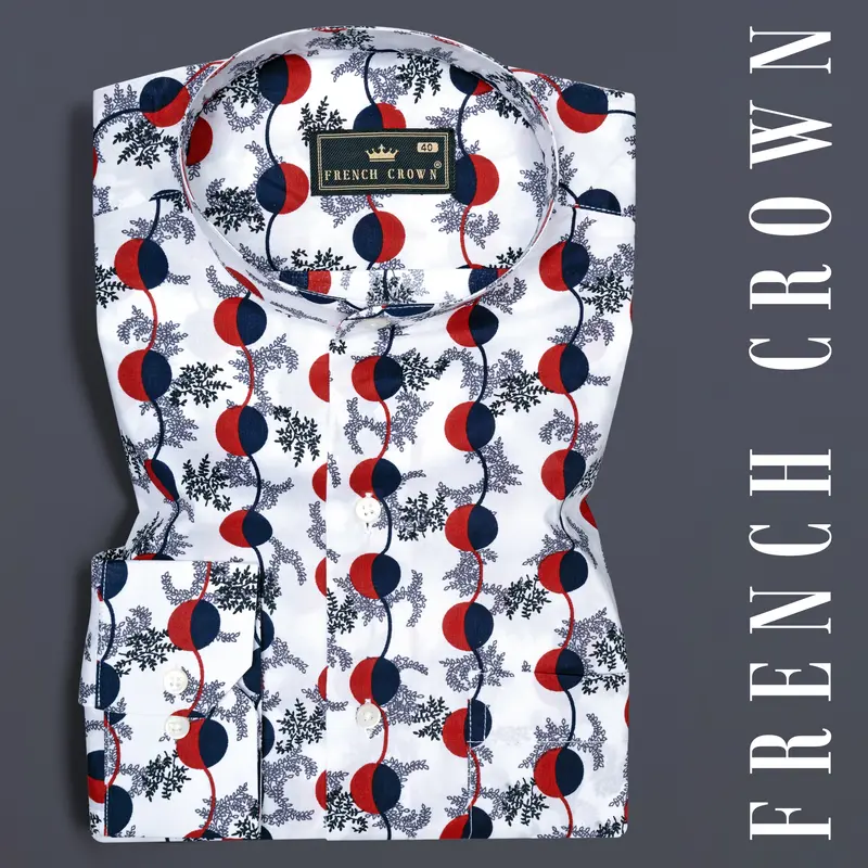Bright White With Carmine Red And Midnight Blue Printed Poplin Giza Cotton Shirt 7