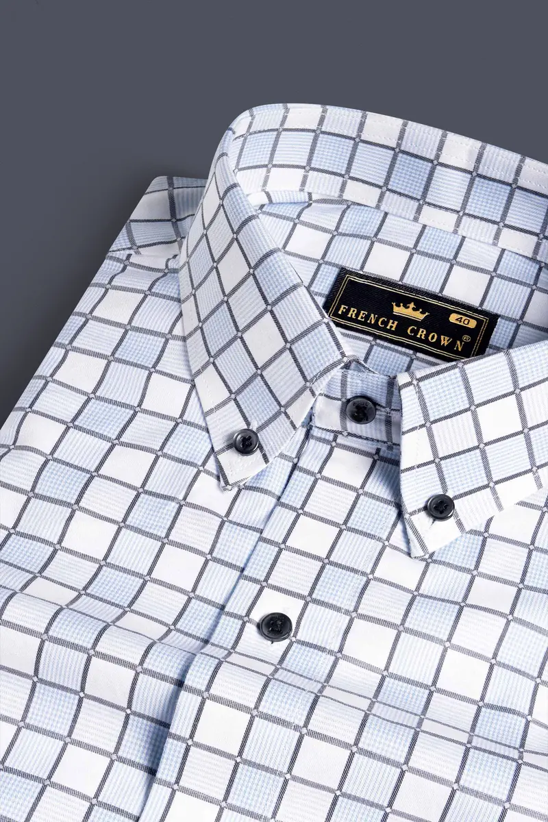 Bright White With Carolina Blue And Mobster Gray Checkered Dobby Premium Giza Cotton Shirt 1