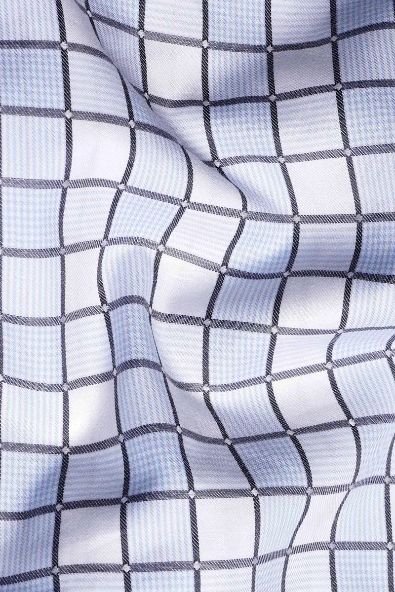 Bright White With Carolina Blue And Mobster Gray Checkered Dobby Premium Giza Cotton Shirt 2