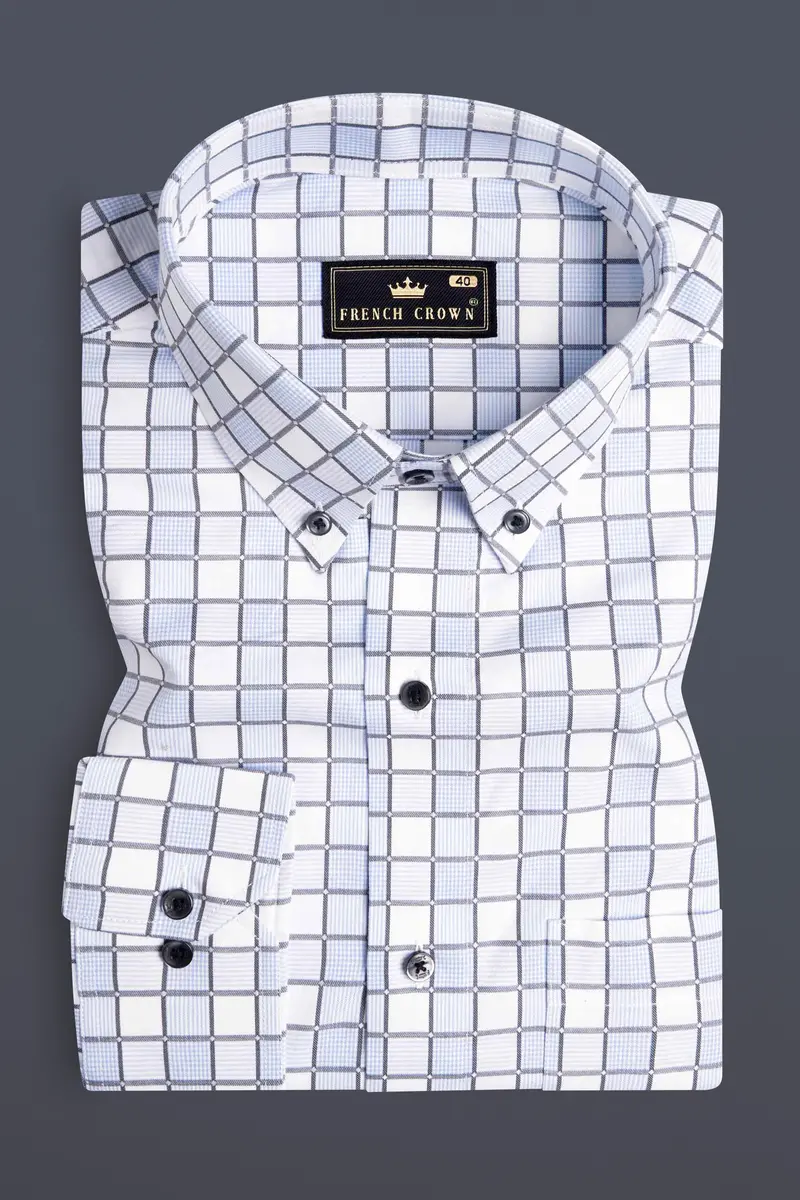 Bright White With Carolina Blue And Mobster Gray Checkered Dobby Premium Giza Cotton Shirt 3