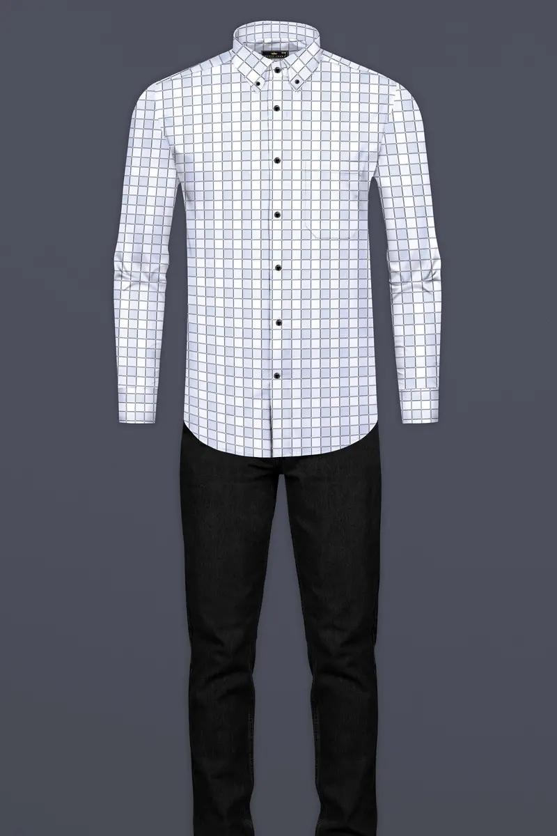 Bright White With Carolina Blue And Mobster Gray Checkered Dobby Premium Giza Cotton Shirt 6