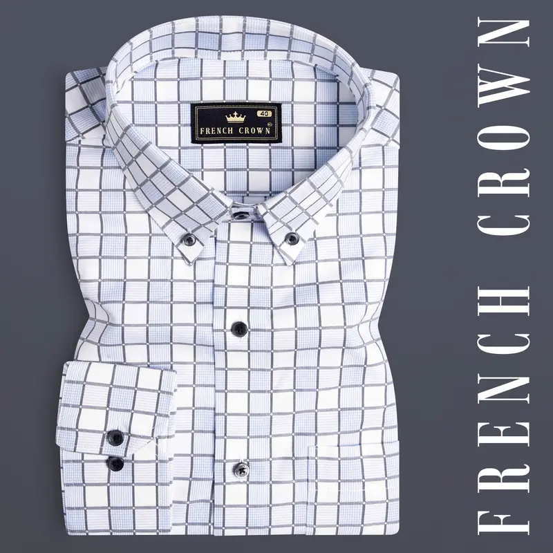 Bright White With Carolina Blue And Mobster Gray Checkered Dobby Premium Giza Cotton Shirt 7