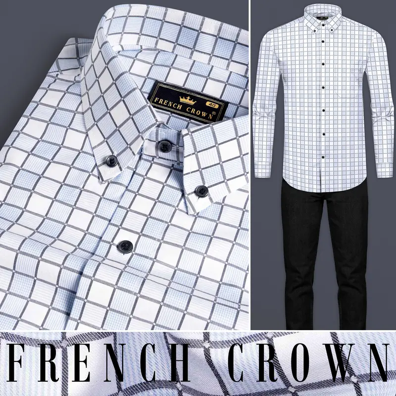 Bright White With Carolina Blue And Mobster Gray Checkered Dobby Premium Giza Cotton Shirt 9