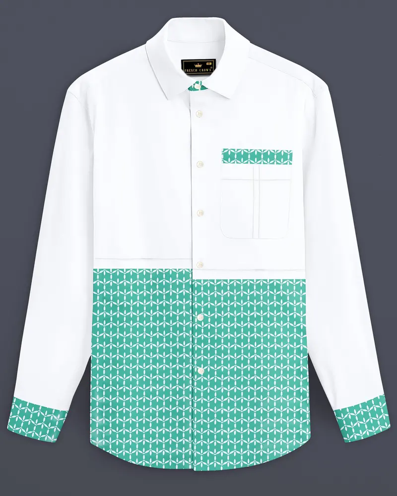 Bright White With Cascade Green Printed Premium Cotton Designer Shirt 1