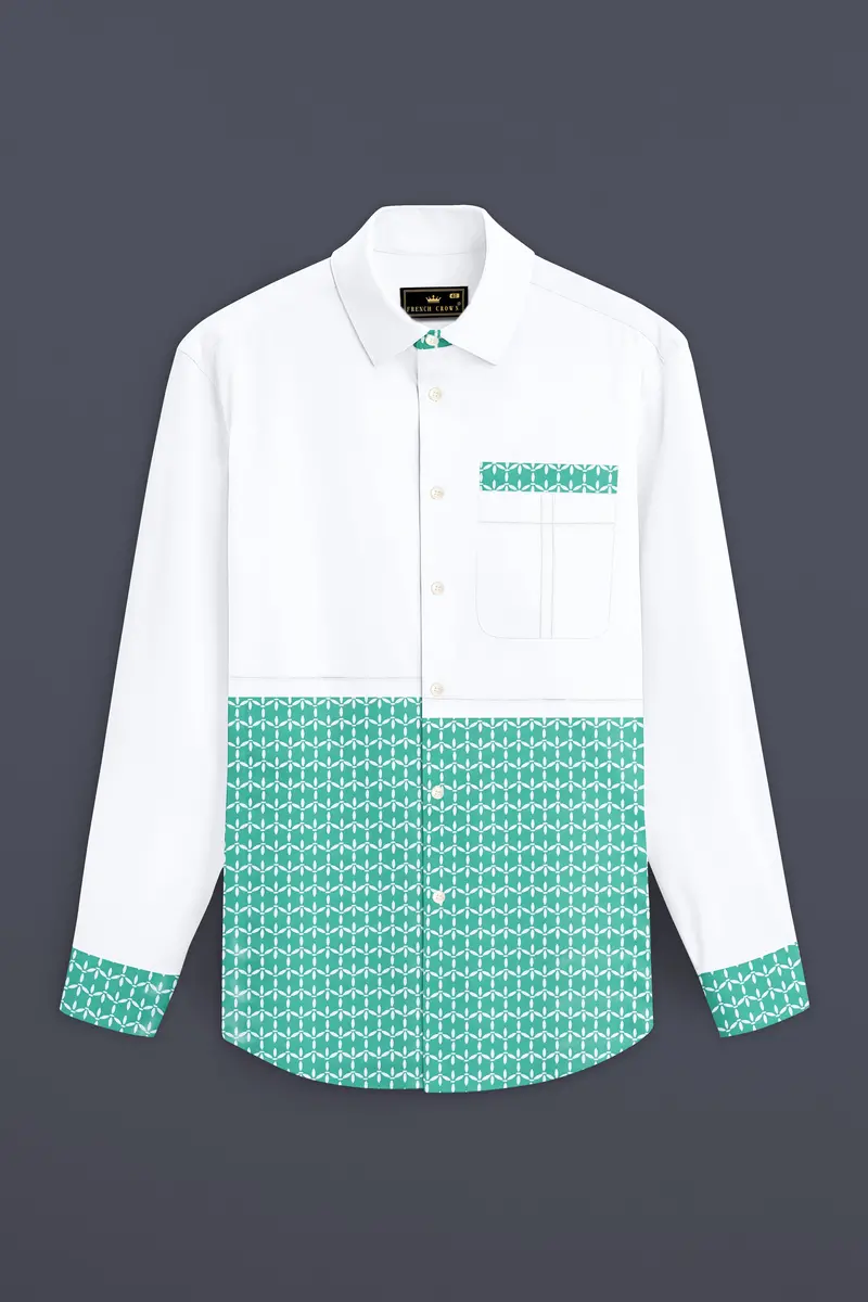 Bright White With Cascade Green Printed Premium Cotton Designer Shirt 2