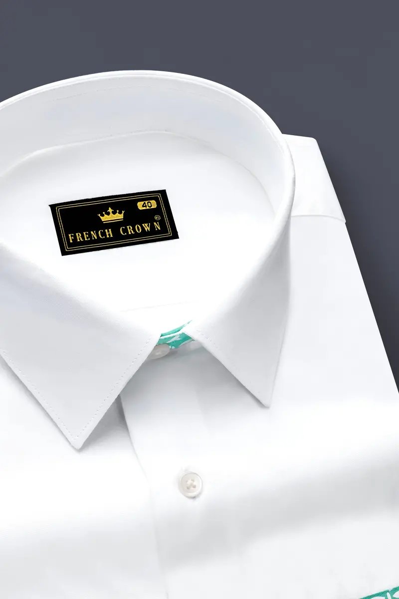 Bright White With Cascade Green Printed Premium Cotton Designer Shirt 4