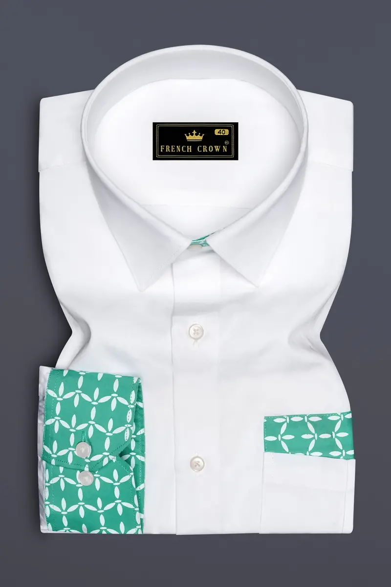 Bright White With Cascade Green Printed Premium Cotton Designer Shirt 5