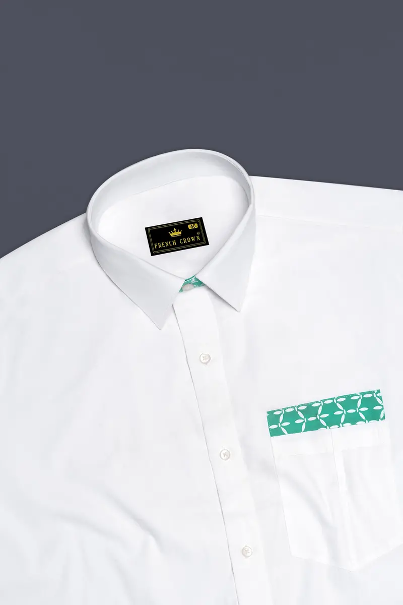 Bright White With Cascade Green Printed Premium Cotton Designer Shirt 6